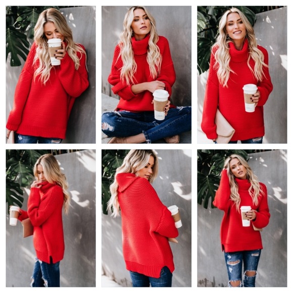 Red Extra Thick & Chunky Knit Turtleneck Sweater - Picture 2 of 8
